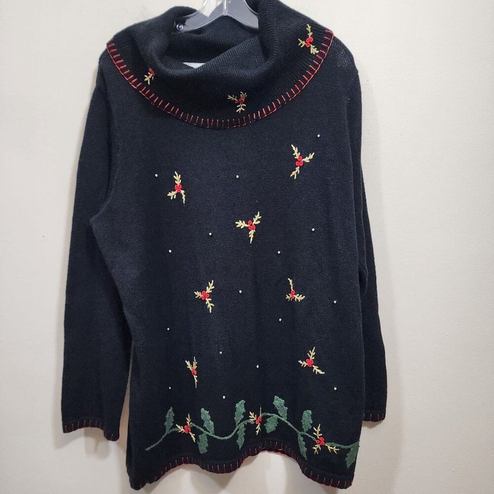 Vintage Basic Editions cowl neck‎ embroidered holly & gold beads tunic sweater L
